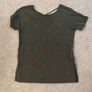 Soft green t shirt with open upper back detail